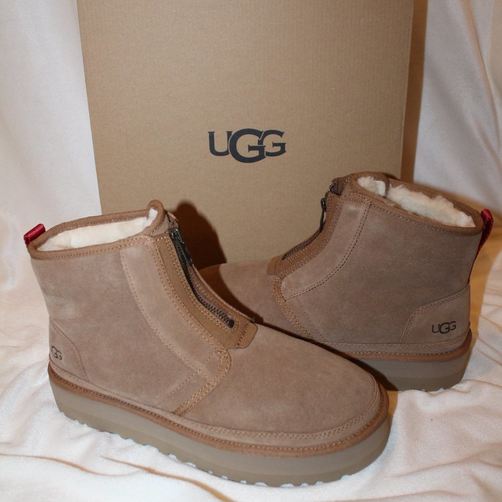 NIB UGG NEUMEL ZIP‎ UP PLATFORM SUEDE SHEARLING ANKLE BOOTS CHESTNUT - Picture 2 of 9